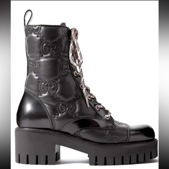 Gucci Black Combat Boots with Chunky Sole, Zipper and Lace-Up Design, 37.5EU - Picture 1 of 11